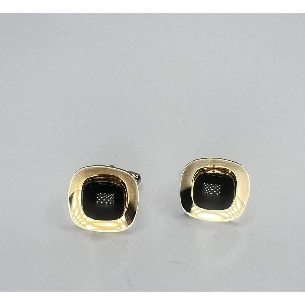 Vintage Anson Onyx Cufflinks Gold Tone‎ Black Center Bullet Back Signed